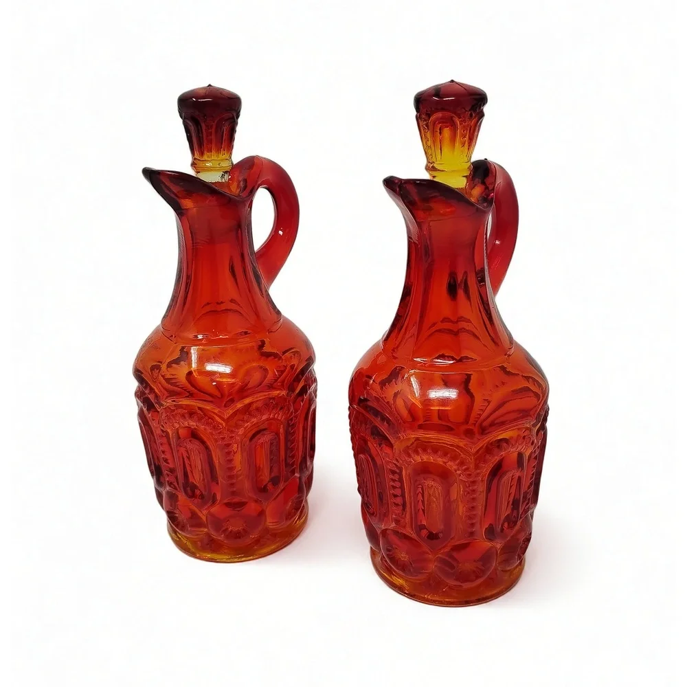LE Smith Amberina Moon and Stars Cruets Pair With Stoppers MCM Glass